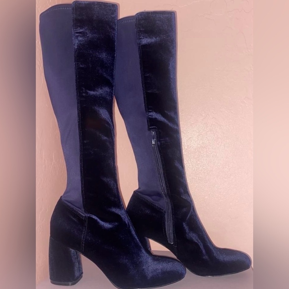 Blue Velvet Knee-High Boots